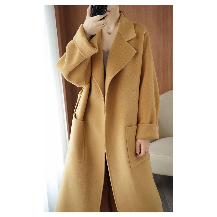 Cappotto di lana stile francese con cintura da donna, lungo, vestibilità ampia, semplice, elegante, autunno, inverno, caldo, soprabito