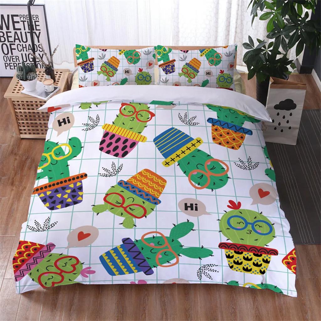Cartoon Green Cactus Potted Duvet Cover Polyester Green Plant Cute Tropical Plant for Children Boy Girl for Bedroom Decorations