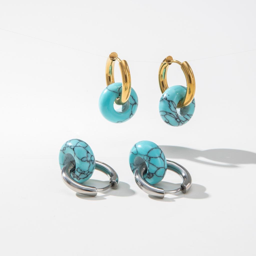 YF7031 Trendy Non Tarnish Hypoallergenic Jewelry 18K PVD Gold Plated Stainless Steel Natural Stone Agate Gemstone Hoop Earring