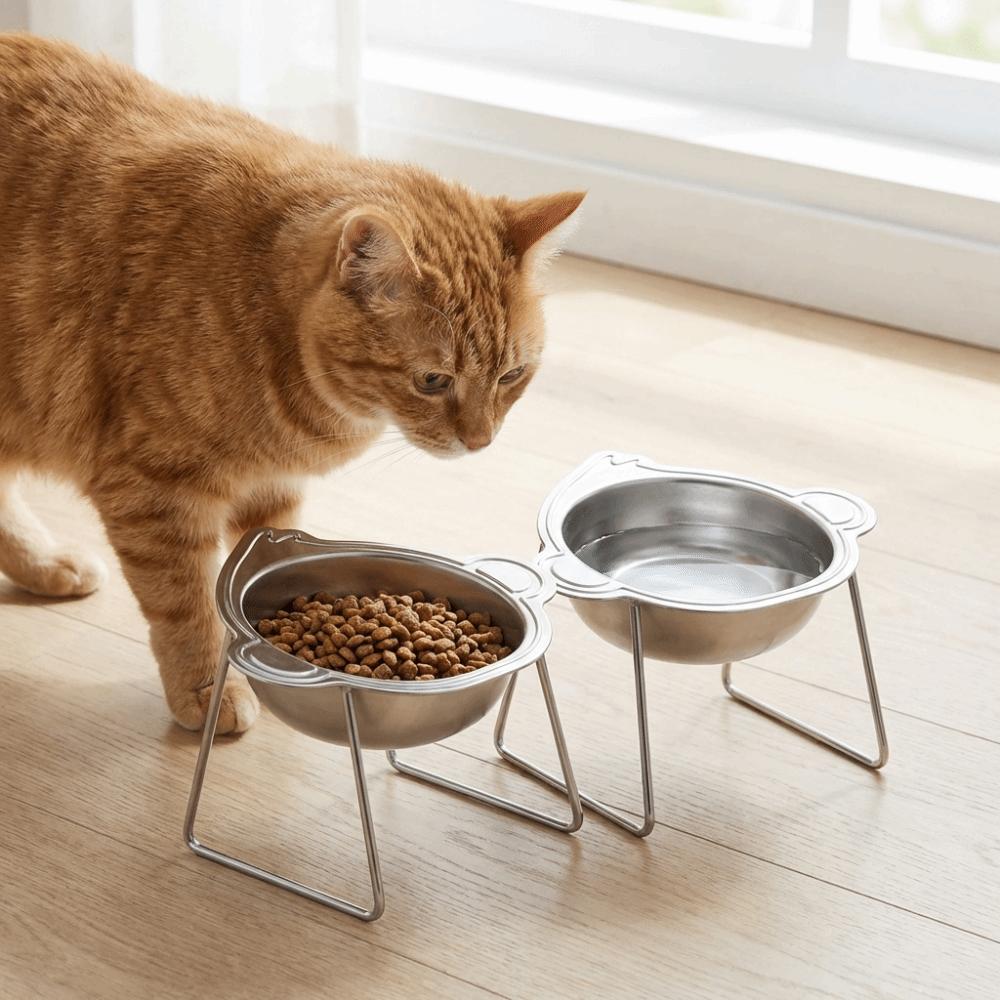 Monkey-shaped Raised Cat Bowls Stainless Steel Pet Feeder Container Wet Dry Food