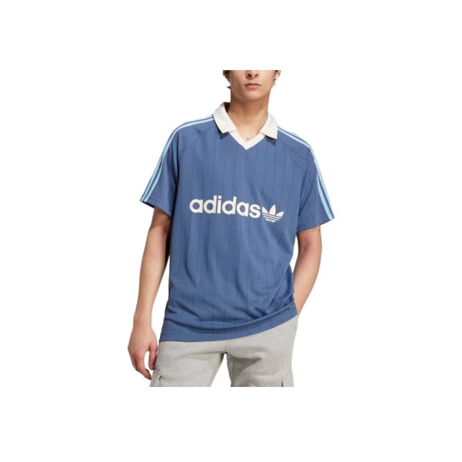 adidas Oryginalna koszulka polo z krótkim rękawem w drobne paski z nadrukiem logo Męskie topy Niebieska IU0199