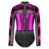 Body da Bambina Brillante con Strass, Manica Lunga, Schiena Scoperta, Patchwork, Chiusura a Bottoni a Pressione sull'Inseme, Abbigliamento Sportivo da Danza