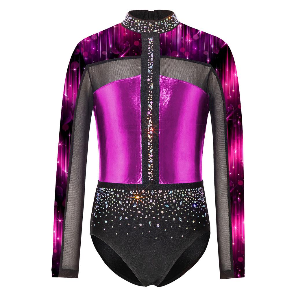 Body da Bambina Brillante con Strass, Manica Lunga, Schiena Scoperta, Patchwork, Chiusura a Bottoni a Pressione sull'Inseme, Abbigliamento Sportivo da Danza