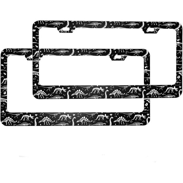 2Pack Simple Style Black And White Racing And Checkered Pattern Car License Plate Frames, Aluminum Car Tags Frame With Screws Caps