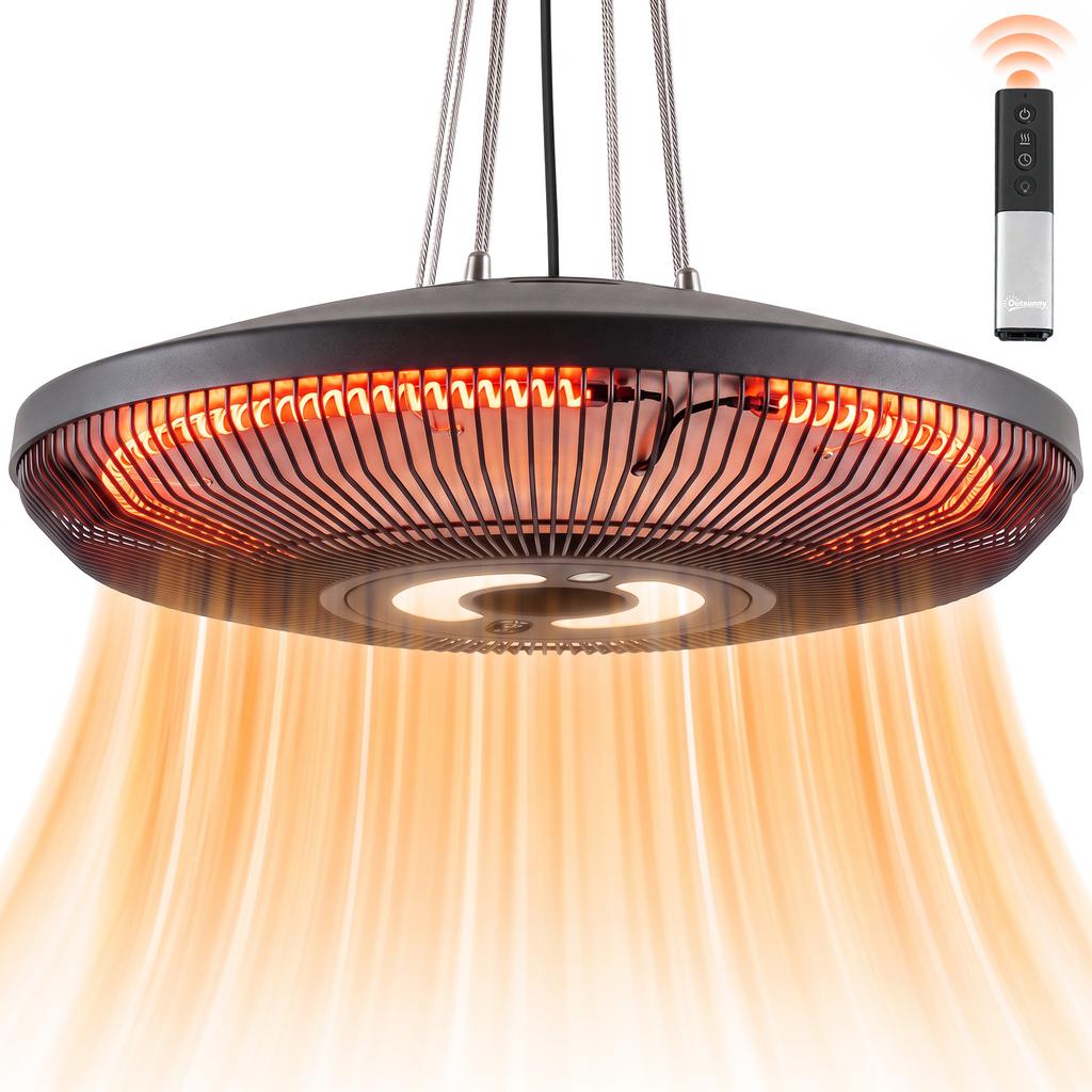 Hanging Electric Patio Heater with LED Light, 1000/2000 W IP65 Outdoor Infrared Heater with Touch/Remote Control, Black