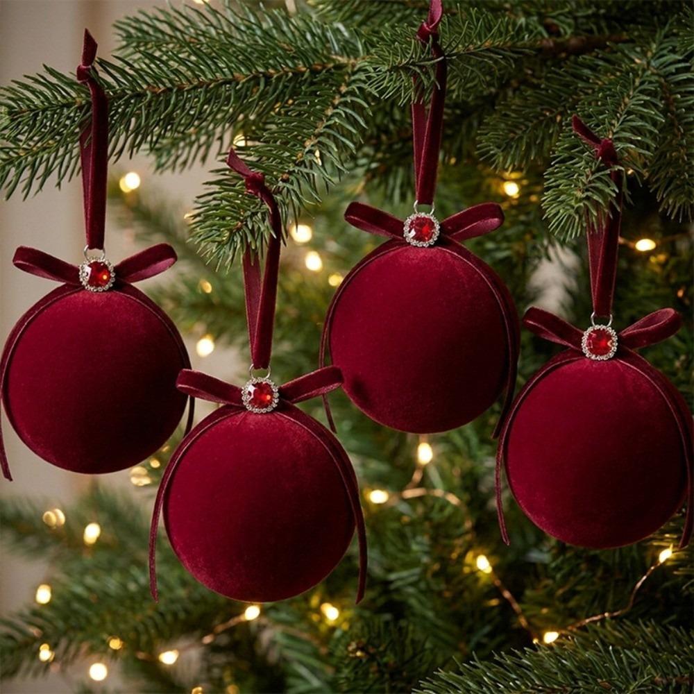 Shatterproof Plastic Flocked Xmas Baubles Flocked Velvet 8cm Tree Baubles Christmas Balls Ceiling