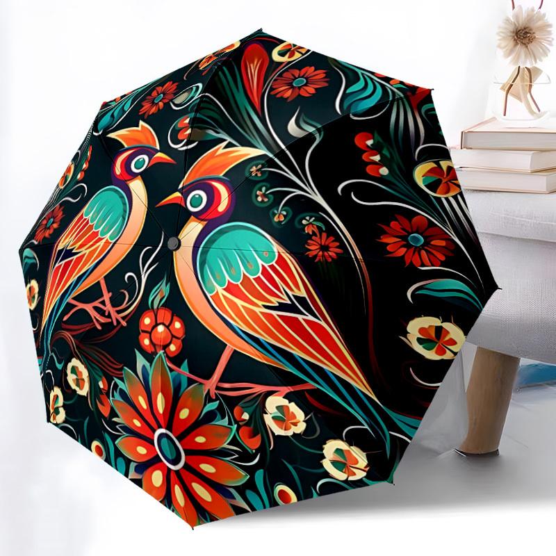 1pc Birds Flowers Automatic Folding Umbrella - Design, Durable Iron Frame for Travel, Outdoor, Beach Fashion Accessory A0920007