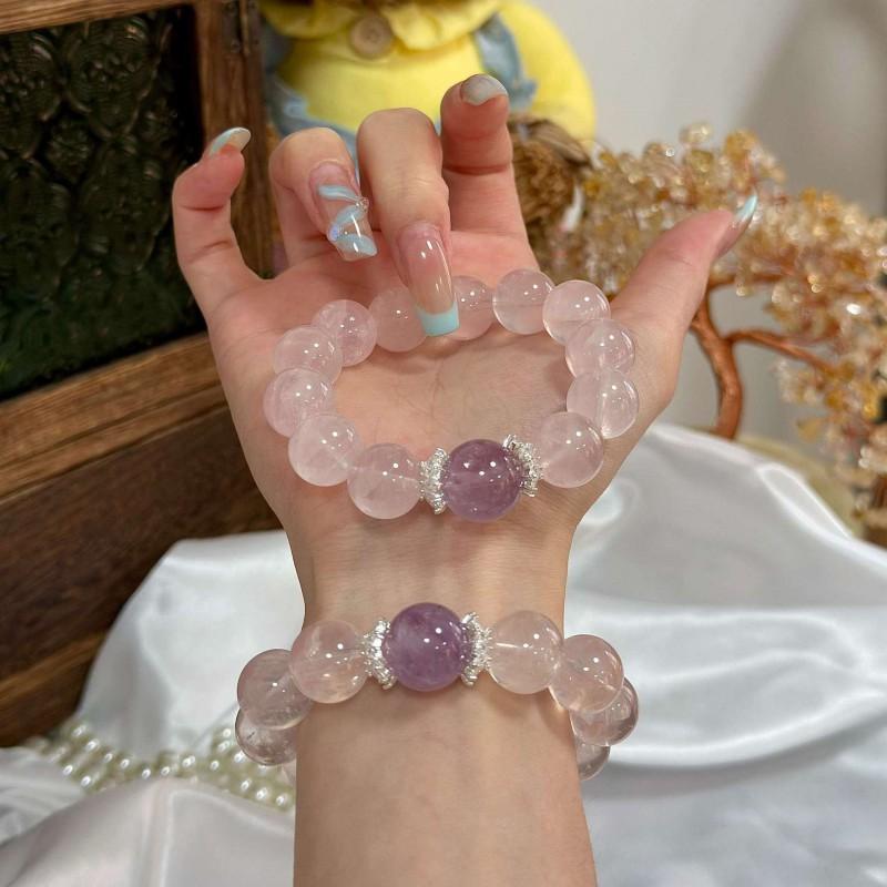 Handmade Lavender Amethyst Rose Quartz Bracelet Love Attraction Natural Crystal Beaded Jewelry