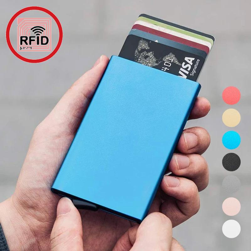 Portafoglio RFID Smart, porta carte, sottile, in metallo, per uomo e donna, con apertura a scomparsa, minimalista, piccolo, nero, per uomo.