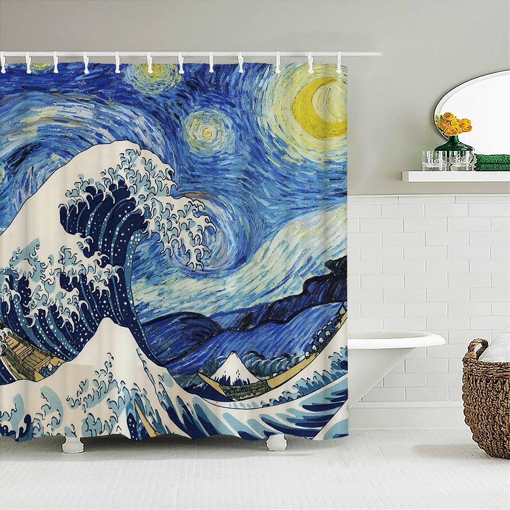 Waterproof Polyester Fabric Shower Curtain Japanese-style Waves Samurai Landscape 3d Printing Bathroom Decor Shower Curtains