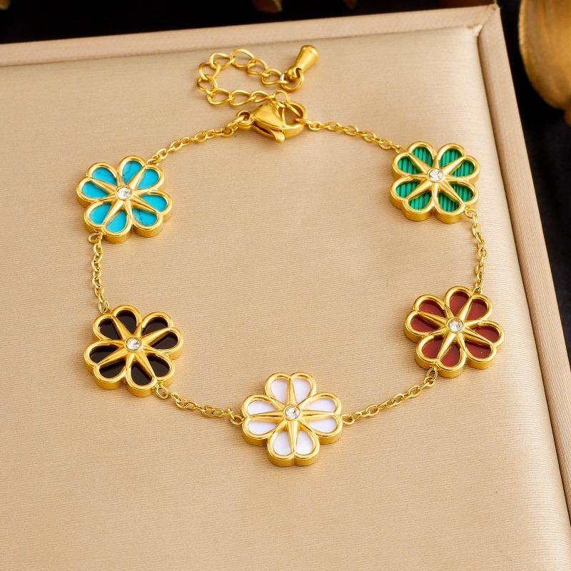 Gold Malachite Flower Zircon Bracelet For Women Dainty Jewelry