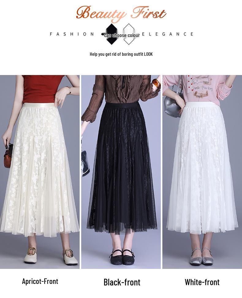 A-line Midi Skirt: High Waist Mesh Lace Patchwork for Women - Spring/Summer 2026