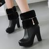 Waterproof Plush High Heel Ankle Boots with Velvet Lining - Autumn/Winter Turn-up Chunky Platform