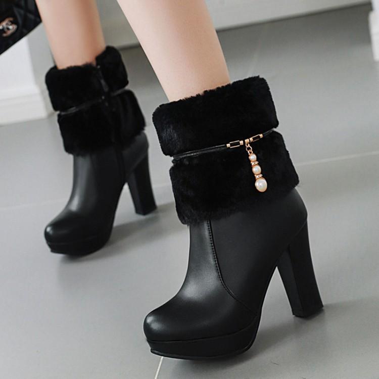 Waterproof Plush High Heel Ankle Boots with Velvet Lining - Autumn/Winter Turn-up Chunky Platform