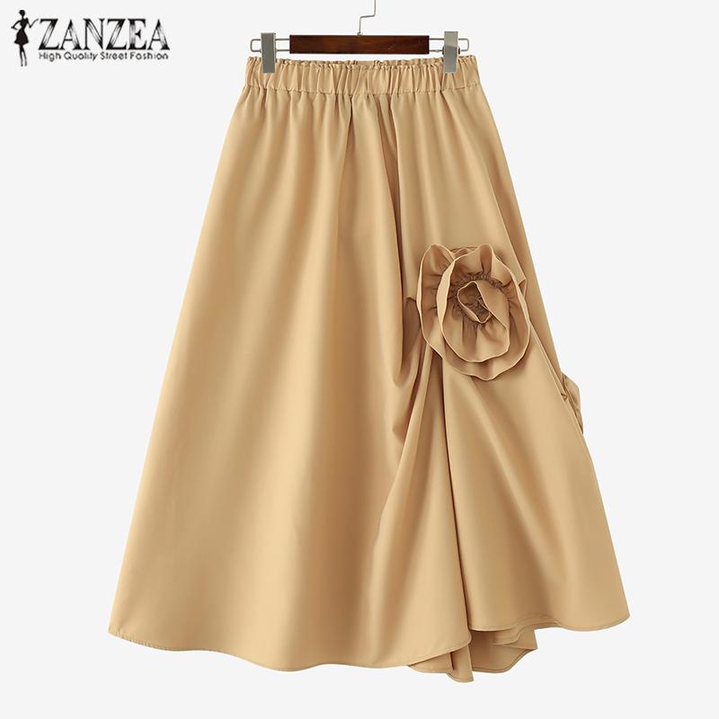 ZANZEA Kvinner Sommer Floral Ensfarge Løse A-linje skjørt