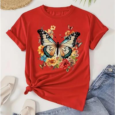 Fashion Women Floral & Butterfly Print T Shirt Funny Casual O-neck Short Sleeves T-shirt Summer Female Tee Shirt