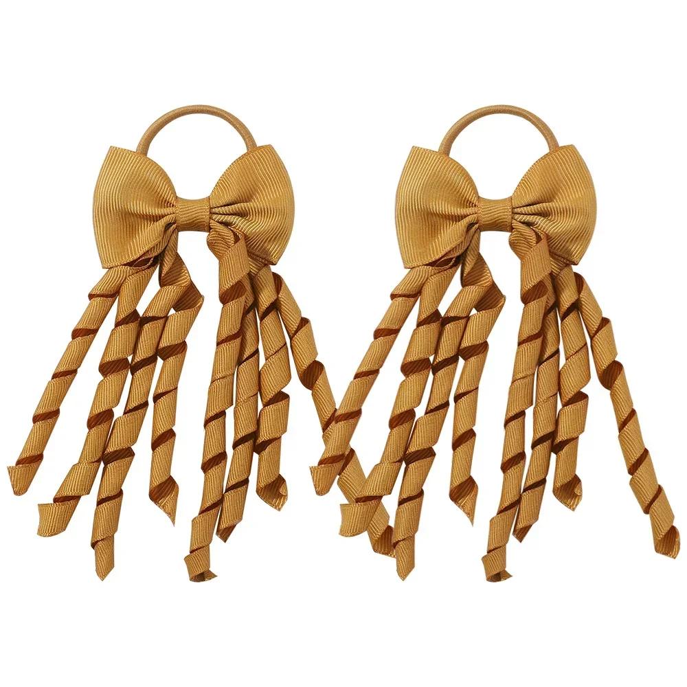 RAINBOW BOWS Grosgrain Ribbon Long Hair Ties Bows for Baby Girls Curly Hair Bows Elastic Colorful Kids Hair Band 2Pcs/lot Whole