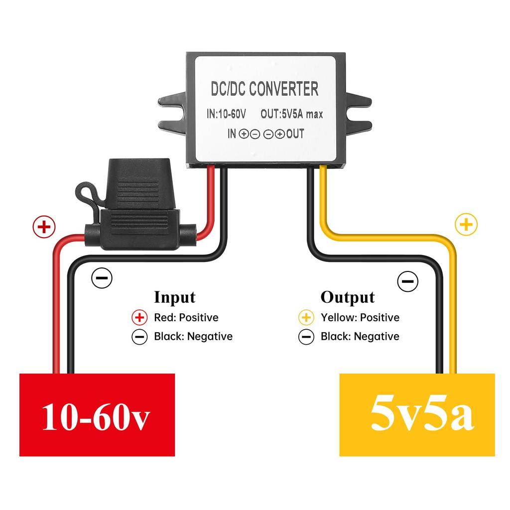 DC 10V-60V Abwärtswandler auf 5V 5A 25W, , 24V, 36V, 48V auf 5V
