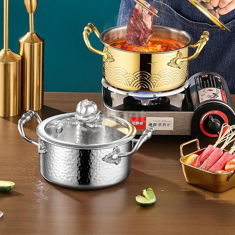 304 New Stainless Steel Hammer Printed Golden Pot 16cm Cabbage Handle Small One Person Hot Pot Chafing Dish Cooker Pots Cookware