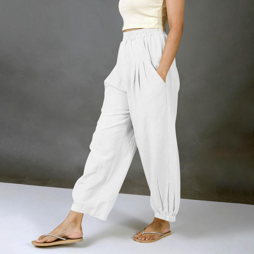 Women's Fashionable Casual -Color Cotton-Linen Trousers With Elastic Waistband And Pockets