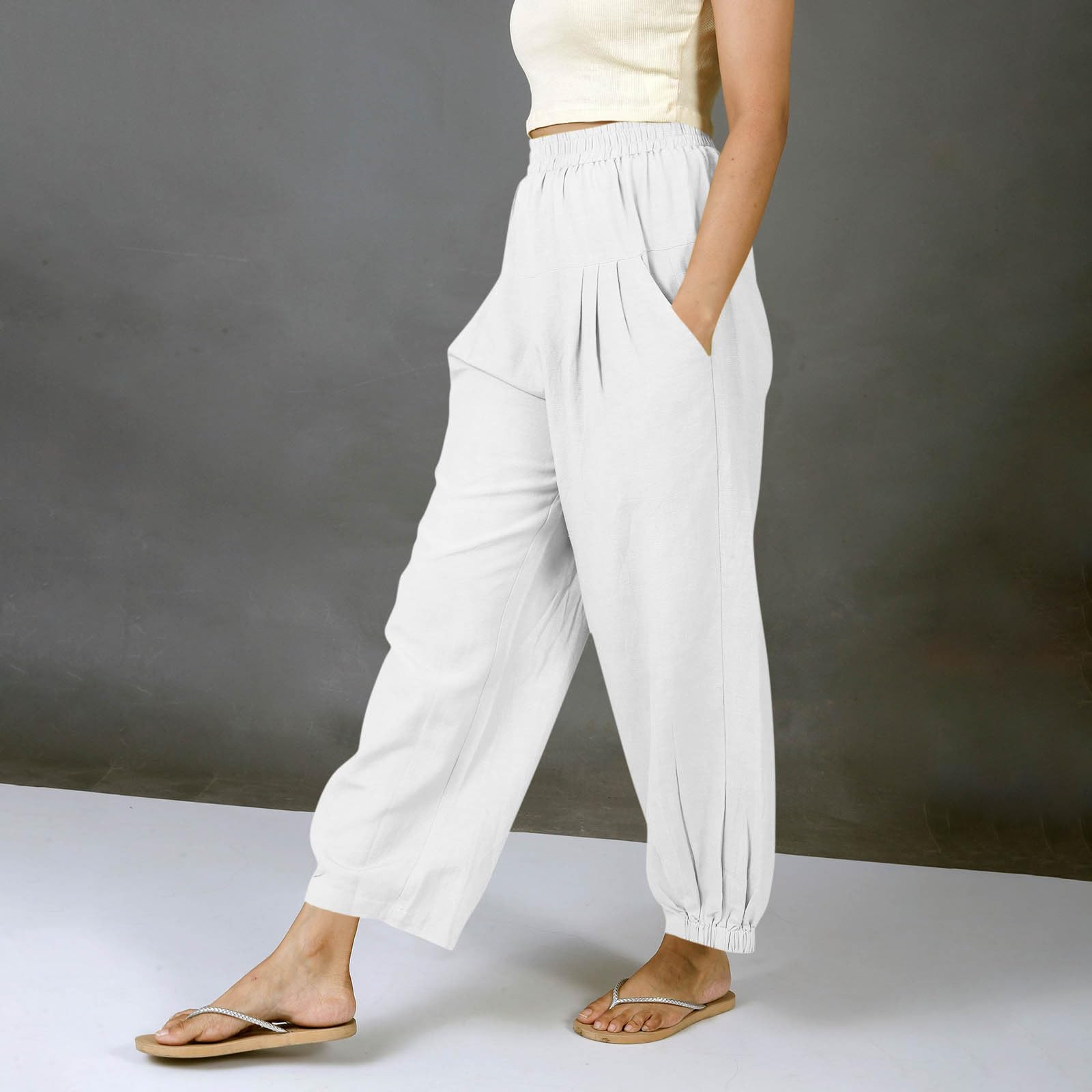 Women s Fashionable Casual -Color Cotton-Linen Trousers With Elastic Waistband And Pockets L белый