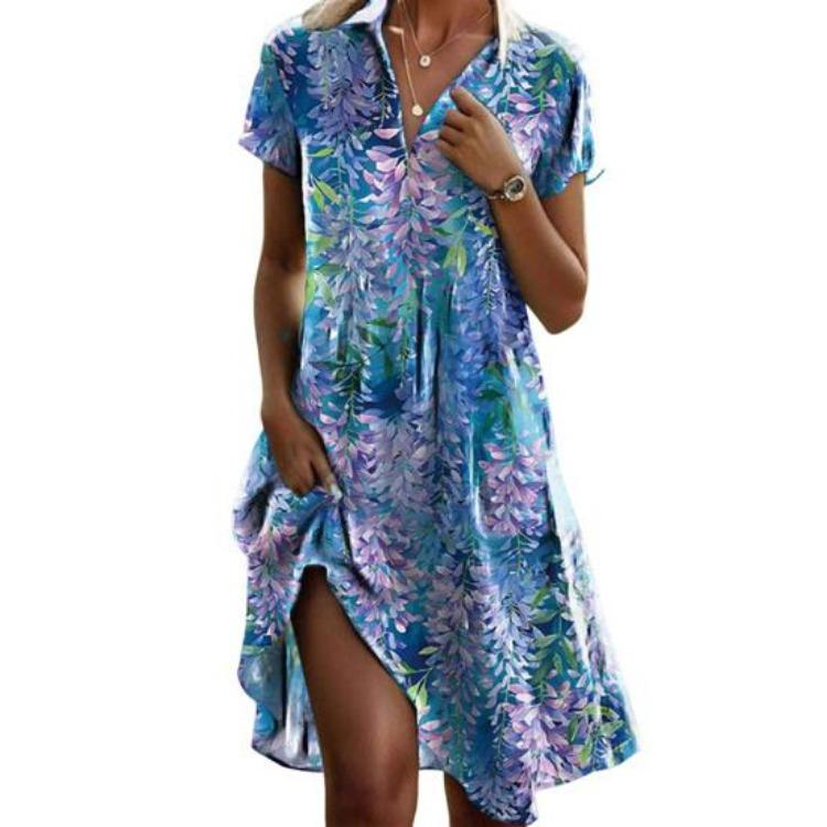 

Boho Floral Summer Dress Women Casual V Neck Short Sleeve Loose A Line Midi Sundress Beach Vacation XL королівський синій колір