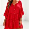 Women's V Neck Button Front Beach Cover Up Dress, Flared Three Quarter Sleeve Hollow Cutwork Loose Plus Size Tunic Shirt Dress