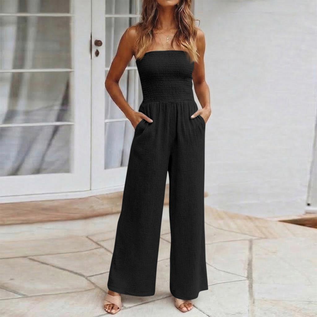 Women's Fashion Wide-Leg  Color Strapless Pocket Waist-cinching Jumpsuit