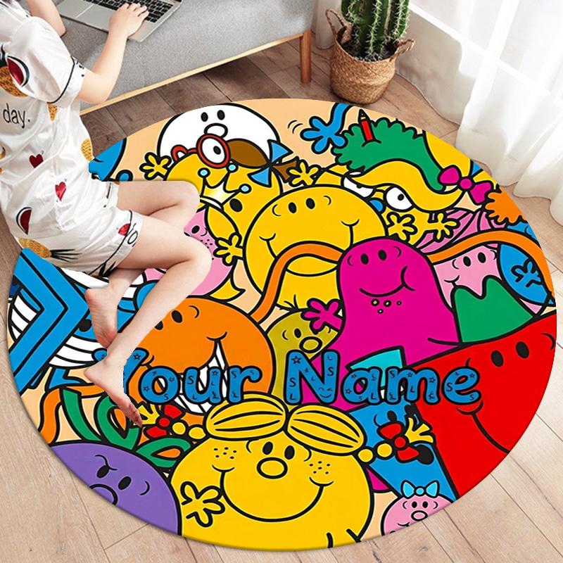 Mr Men Adventure Custom Name Round Area Rug Carpet Rug For Living Room Bedroom Sofa Playroom Decor Nonslip Floor Mat