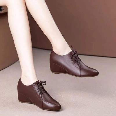 Small Single Shoes Women's 2025 Spring New Versatile Small Round Head Deep Mouth Soft Leather Wedge Heel Strap Heightening Small Leather Shoes