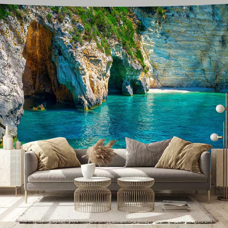 2D Mediterranean Sea Tapestry Tropical Cave Lagoon with Clear Turquoise Water Background Cloth