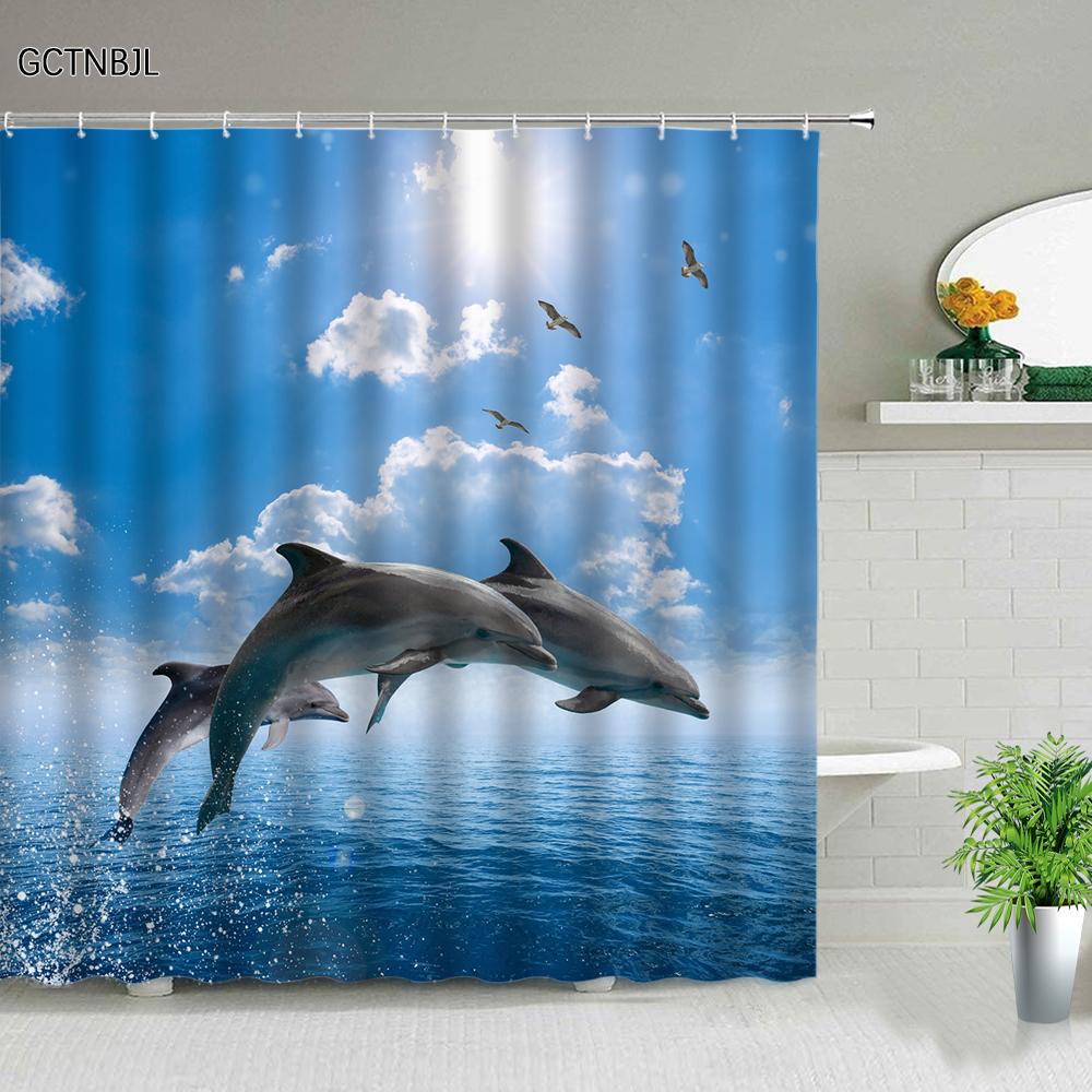 Funny Dolphin Shower Curtains Cute Ocean Animal Blue Seawater Sea Wave Scenery Bathroom Decor Cloth Hanging Curtain With Hooks