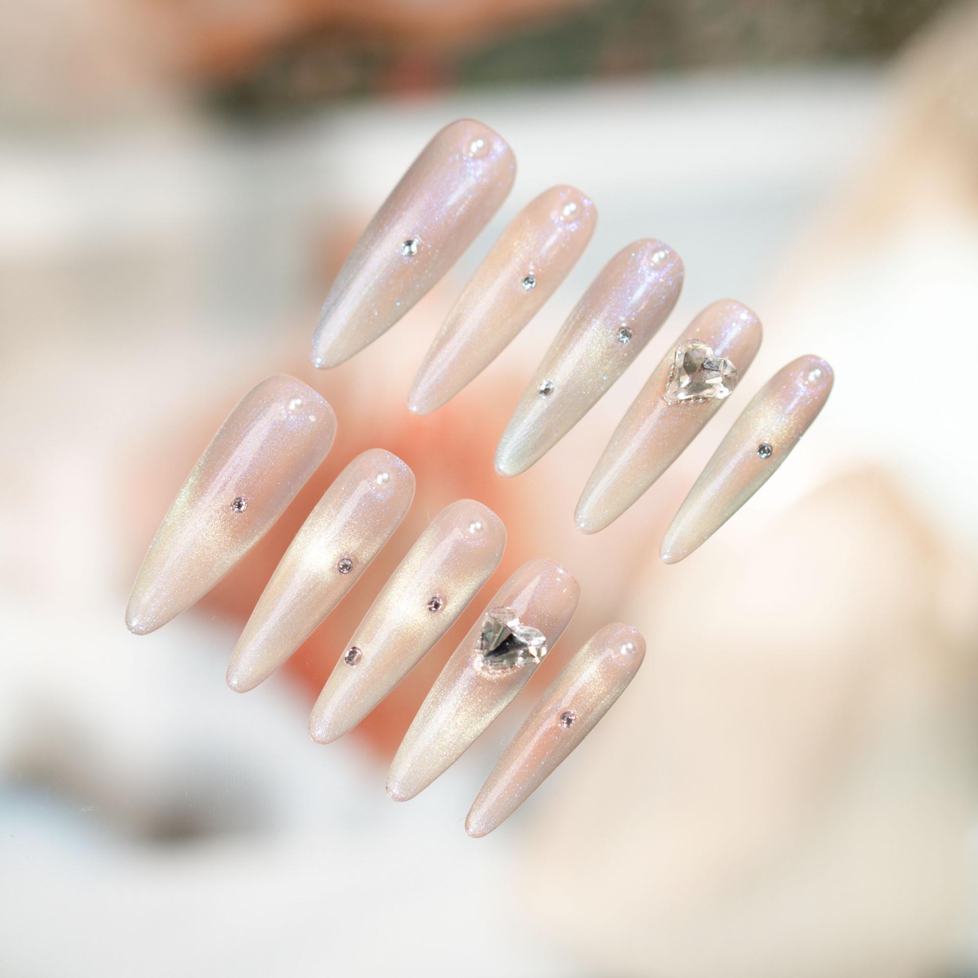 Handmade Cat Eye White Glitter Long Nail Art Stickers - Luxurious and Gentle Style