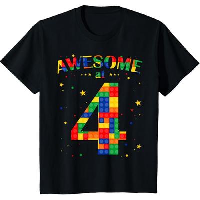 Building Blocks Bricks Awesome At 4 Years Old Birthday Boy T-Shirt