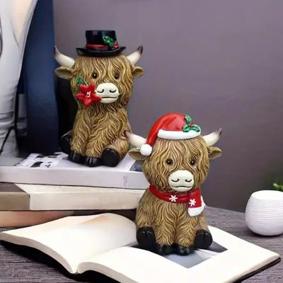 Weihnachts-Kuhfigur, Kunstharz, Hochlandkuh-Ornament, festliche Tisch-Bauernhaus-Kuhstatue für den Kaminsims