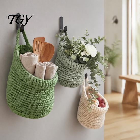 Wall Mounted Storage for Nursery 3PCS Woven Hanging Bag, Natural Cotton Rope Fruit Baskets, Organizer Hair Accessories Boho