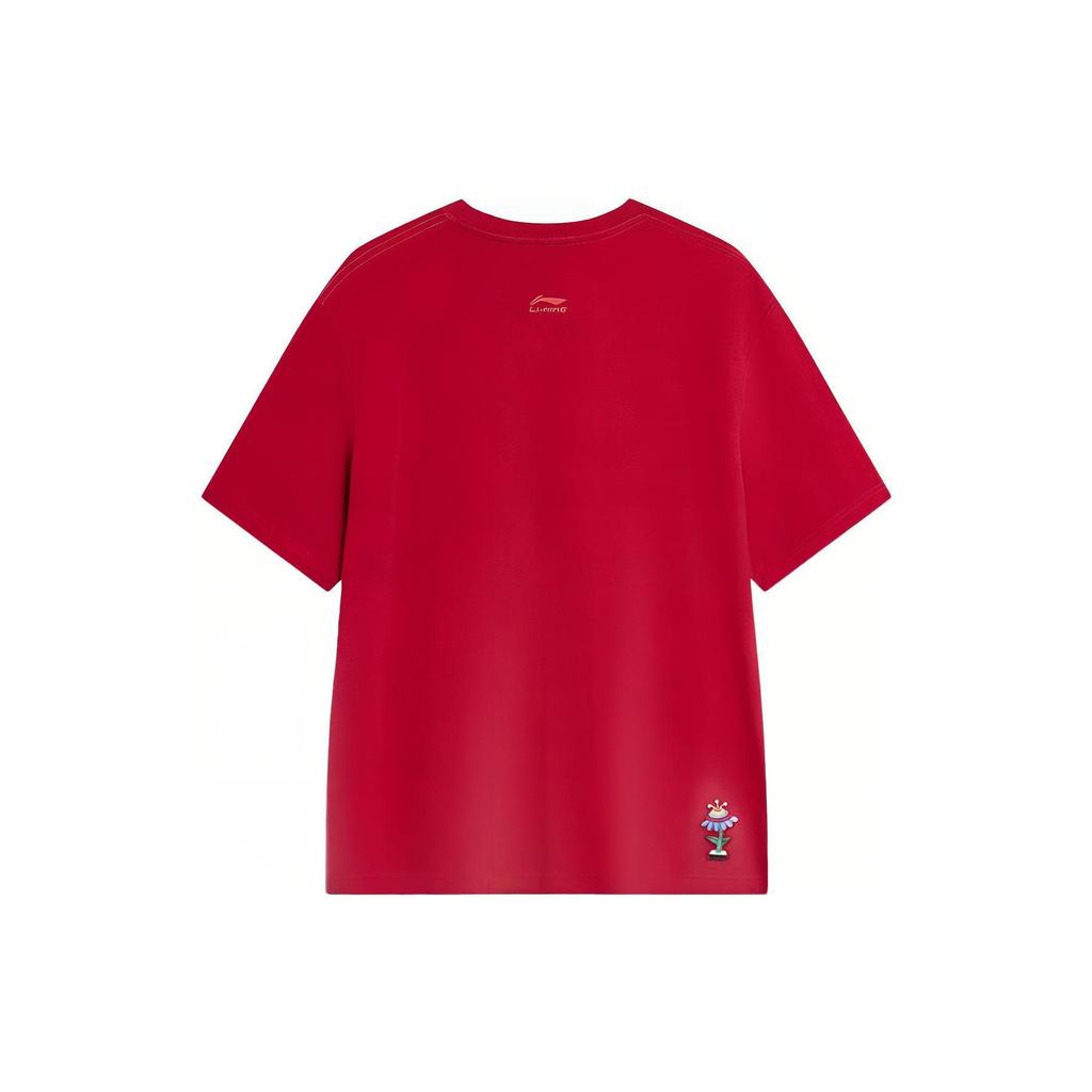 Li-Ning Embroidered Pattern Crew Neck Pullover Short Sleeve T-Shirt Men Tops Samba-Red AHSU009-5