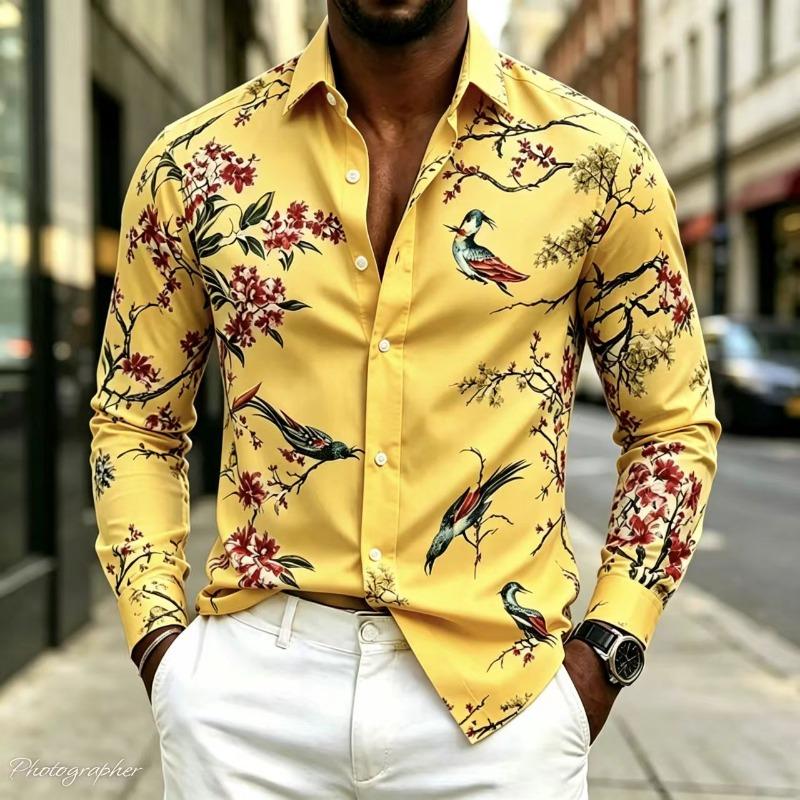 New Men's Shirt Collar Long Sleeved Printed Shirt Street Style Elegant Men's Casual Fashion Top, Comfortable, 17 Colors