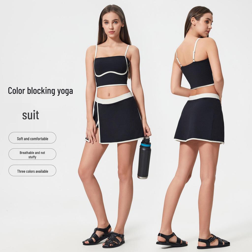 Women's Yoga Set with Built-in Bra, Shockproof Vest, Skirt, and Hip-Lifting Three-Quarter Pants