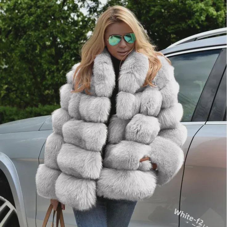 Abrigo de piel sintética para mujer con detalles de piel de zorro para otoño e invierno.