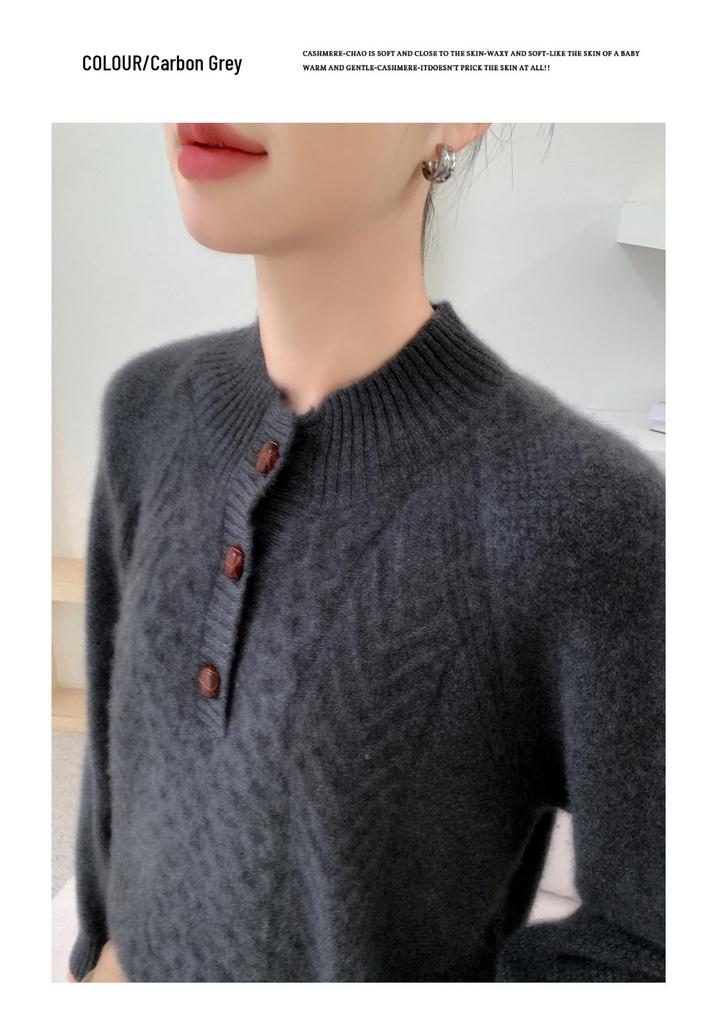 Women's Thickened Cashmere Sweater - Half-High Collar, Half-Button Cable Knit, Loose & Slimming Design