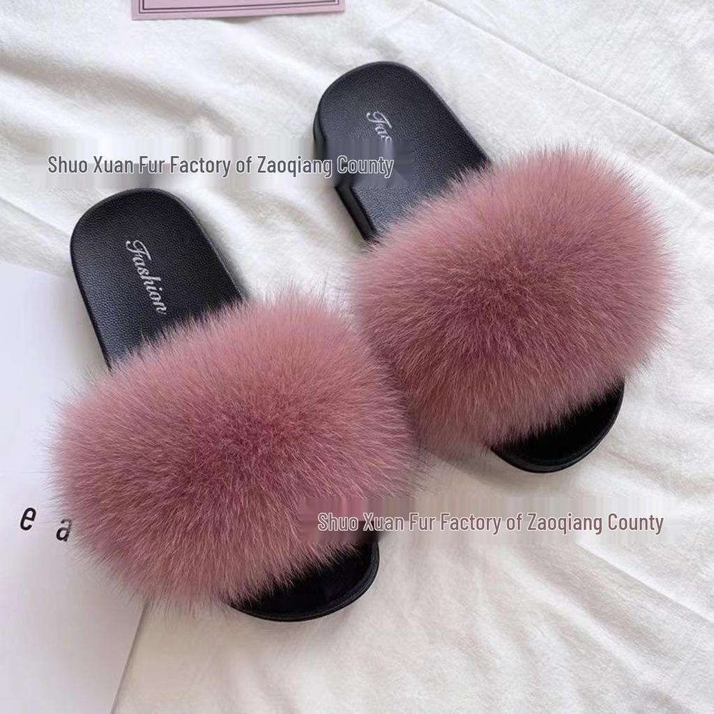 Women's Summer Fox Fur Slippers: Celebrity Trend, Flat Fur Sandals, Soft-Soled Flip Flops, Euro-American Style.