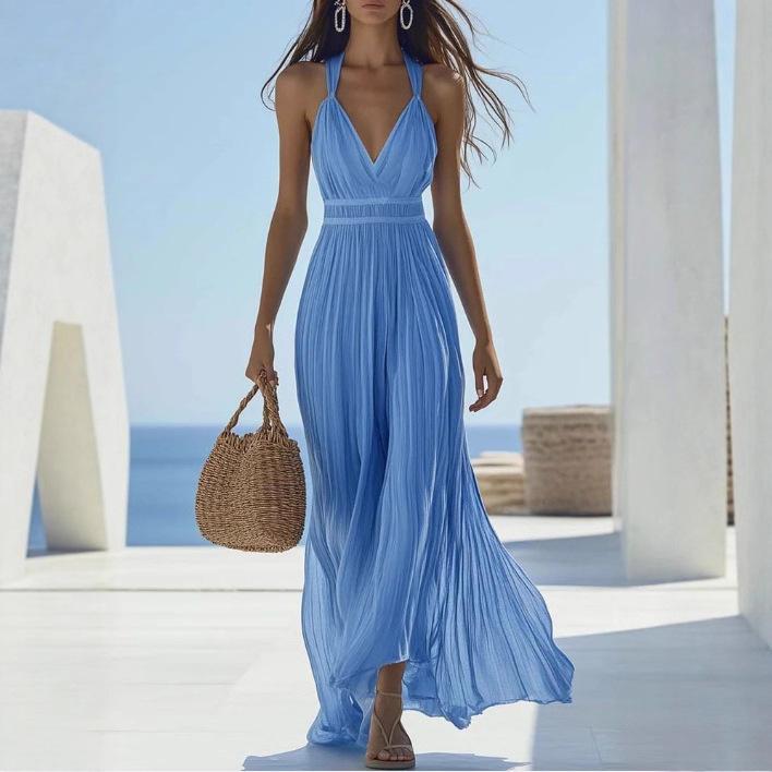 Women Halter Neck Plunging V Neck Maxi Dress Button Detail Pleated Backless Summer Beach Dress
