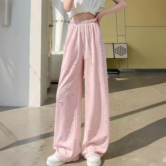 Damenhosen Elastisch Hohe Taille Verstellbarer Kordelzug Einfarbige Weiter Bein Lässige Hosen Durchlöchertes Design Lockere Passform Lang