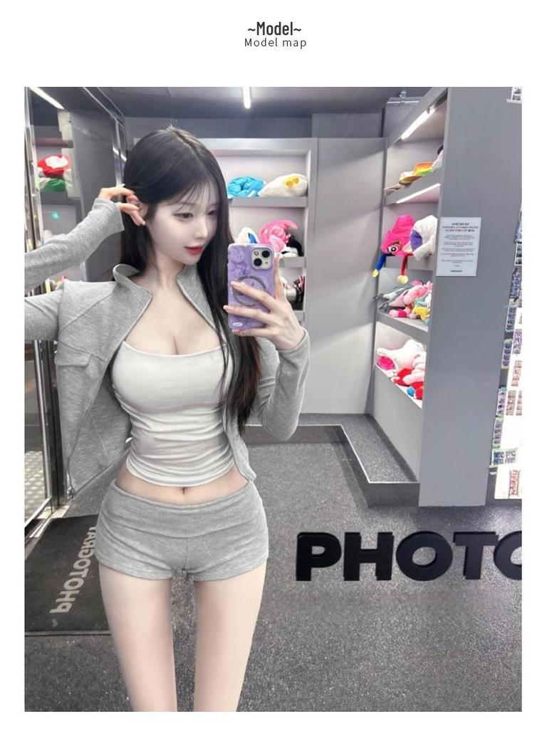 South Korea Slim Fit Pure Desire Long Sleeve Hoodie & Shorts Set for Women