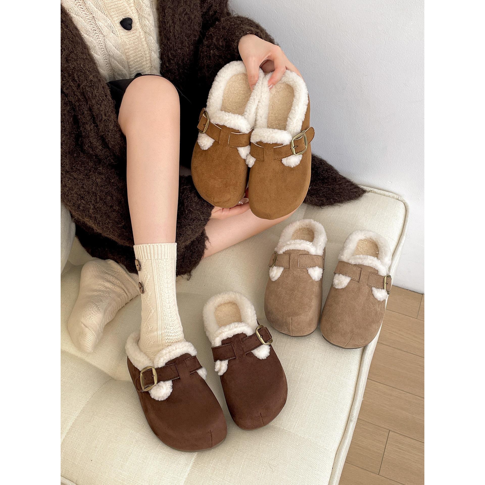 Brown fleece thickened thick-soled fluffy slippers winter warm Birkenstock cotton slippers 35