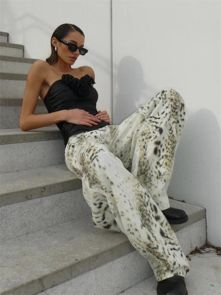 Modische Damen Jeans mit weitem Bein und Leopardenmuster - Retro-Waschung, Bodenlang, Locker, Lässig, Streetwear