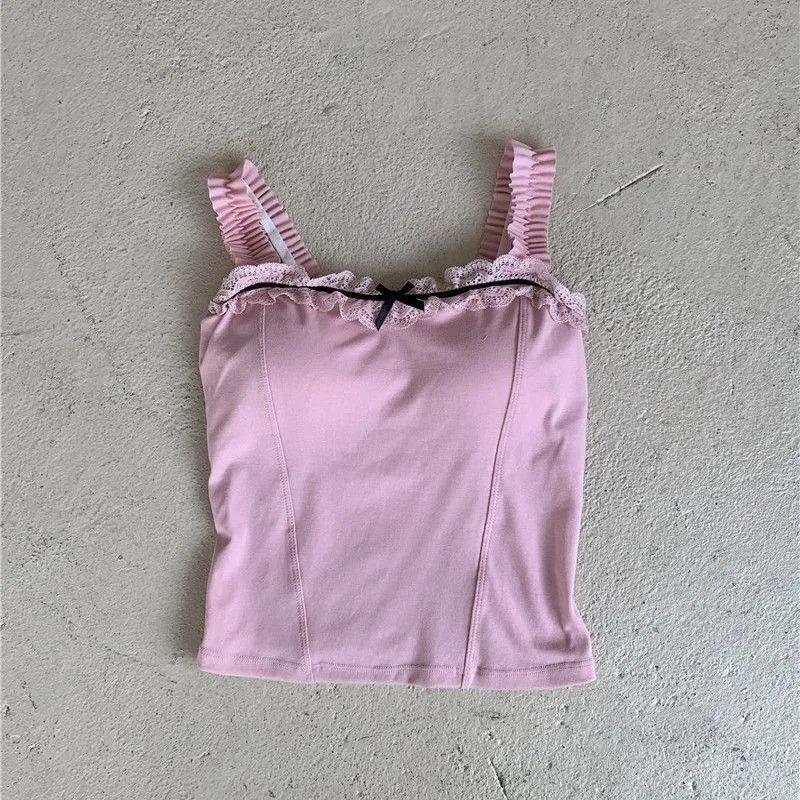 Damen Sweet Spitze Besatz Camisole Hellblau Rüschen Träger Figurbetont Ärmellos Oberteil
