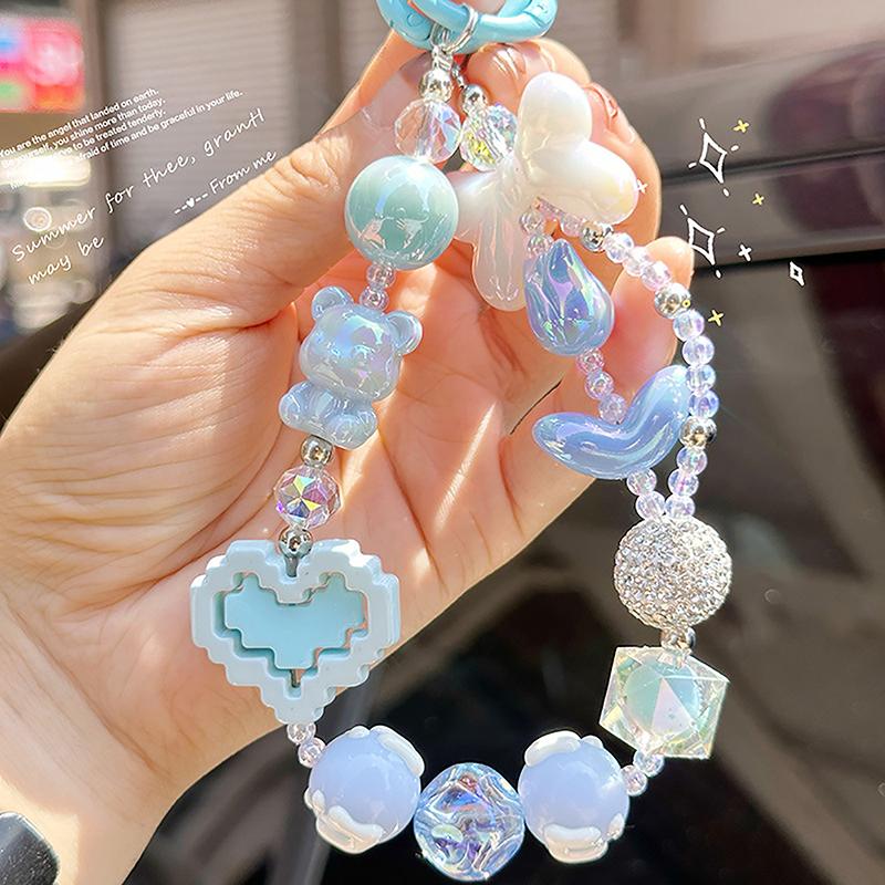 Painted Beads Phone Chain Sweet Girl Bowknot Keychain Anti-Lost Wrist Strap Bag Decor Earphone Case Pendant