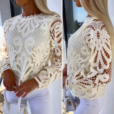 Bahar Kadın Üst Hollow Out Dantel Düz Renk Uzun Kollu Gevşek Yumuşak Yuvarlak Boyun Patchwork Bayan İşe gidip gelme T-shirt